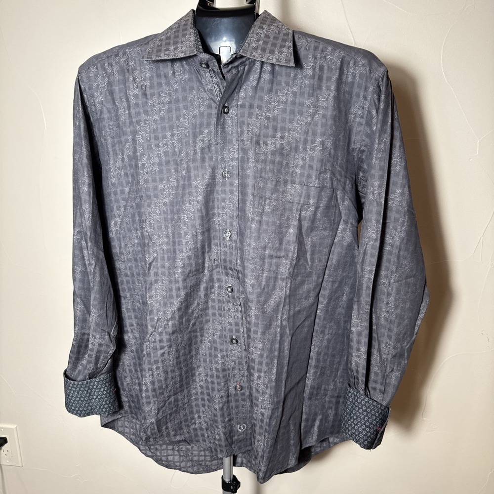 Bugatchi Uomo Shirt Mens Floral Gray Long Sleeve 100% Cotton Button Up Medium